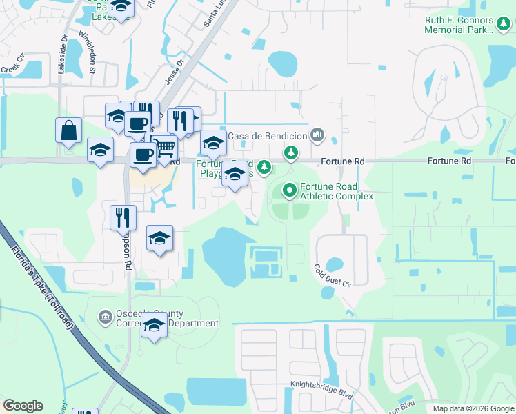 map of restaurants, bars, coffee shops, grocery stores, and more near 1032 Universal Rest Place in Kissimmee