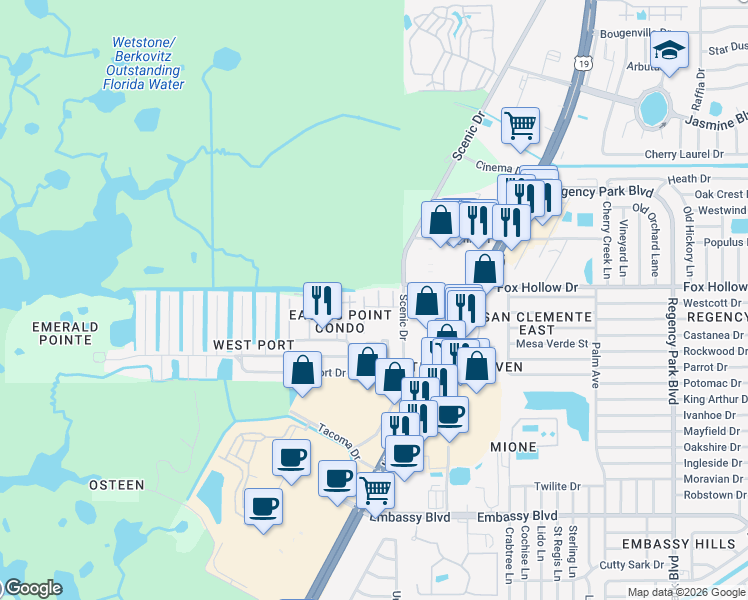 map of restaurants, bars, coffee shops, grocery stores, and more near 6425 Drexel Drive in Port Richey