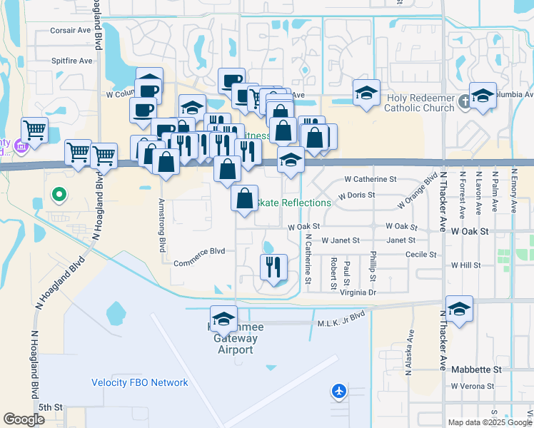 map of restaurants, bars, coffee shops, grocery stores, and more near 1052 North Plantation Drive in Kissimmee