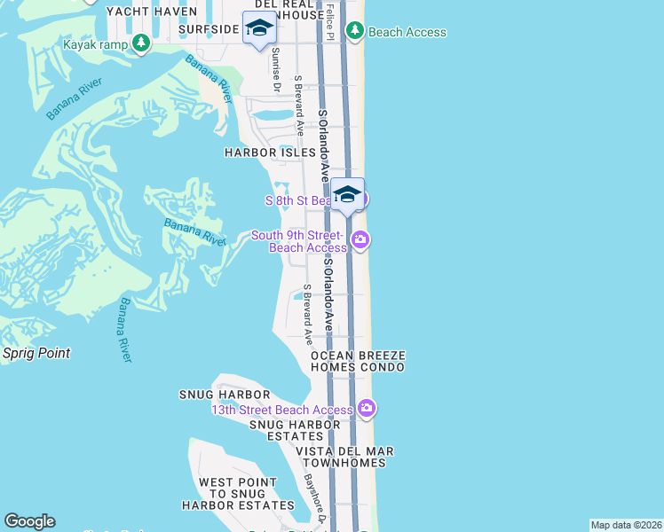 map of restaurants, bars, coffee shops, grocery stores, and more near 910 South Orlando Avenue in Cocoa Beach