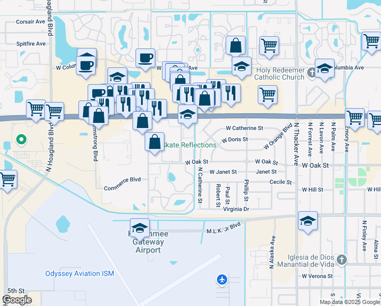map of restaurants, bars, coffee shops, grocery stores, and more near 1001 North Plantation Drive in Kissimmee