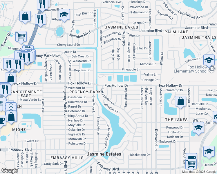 map of restaurants, bars, coffee shops, grocery stores, and more near 7611 Fox Hollow Drive in Port Richey