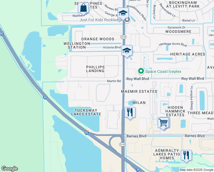 map of restaurants, bars, coffee shops, grocery stores, and more near 3416 Whimsical Circle in Rockledge