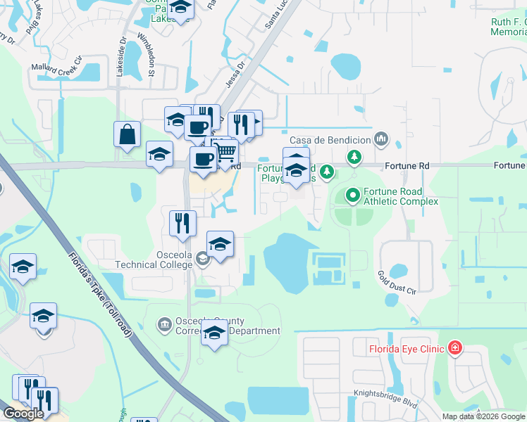 map of restaurants, bars, coffee shops, grocery stores, and more near 1146 Jade East Lane in Kissimmee