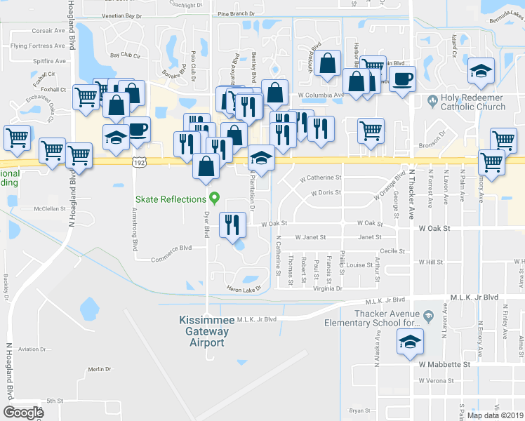 map of restaurants, bars, coffee shops, grocery stores, and more near 1001 North Plantation Drive in Kissimmee