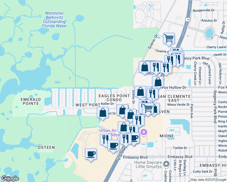 map of restaurants, bars, coffee shops, grocery stores, and more near 9936 Eagles Point Circle in Port Richey