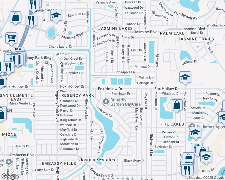 map of restaurants, bars, coffee shops, grocery stores, and more near 7634 Fox Hollow Drive in Port Richey