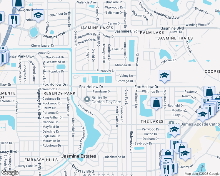 map of restaurants, bars, coffee shops, grocery stores, and more near 7814 Fox Hollow Drive in Port Richey