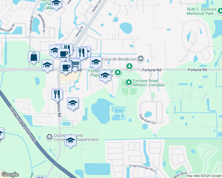 map of restaurants, bars, coffee shops, grocery stores, and more near 1032 Universal Rest Place in Kissimmee
