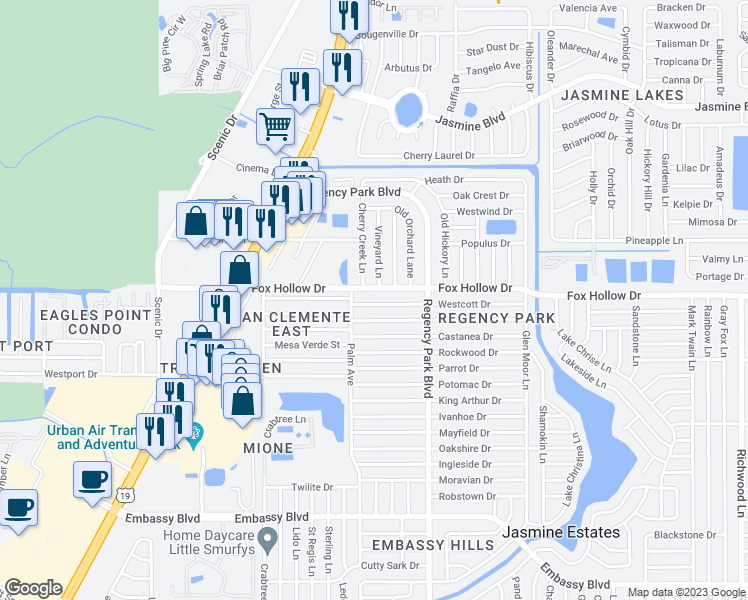 map of restaurants, bars, coffee shops, grocery stores, and more near 7025 Westcott Drive in Port Richey