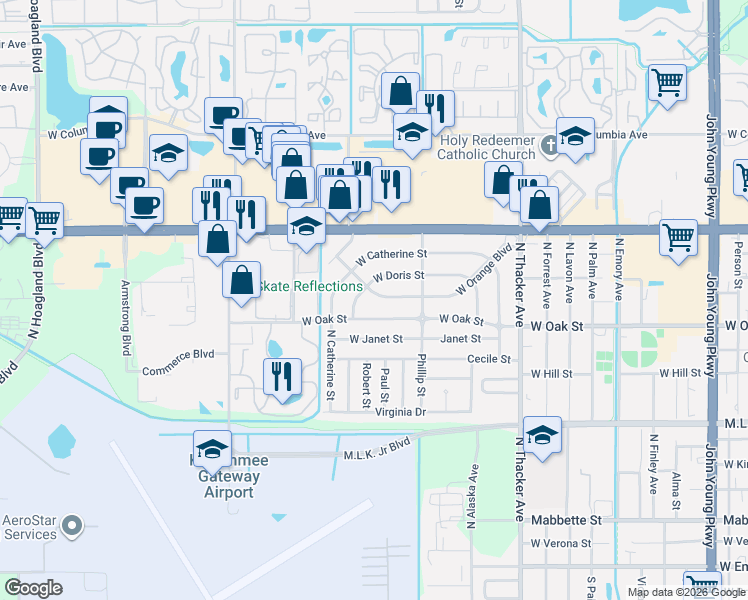 map of restaurants, bars, coffee shops, grocery stores, and more near 2618 West Orange Boulevard in Kissimmee
