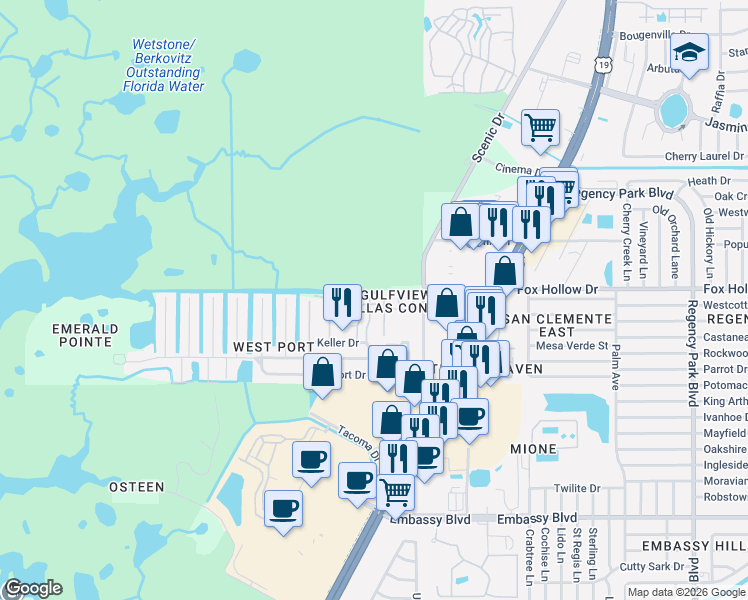 map of restaurants, bars, coffee shops, grocery stores, and more near 9936 Eagles Point Circle in Port Richey