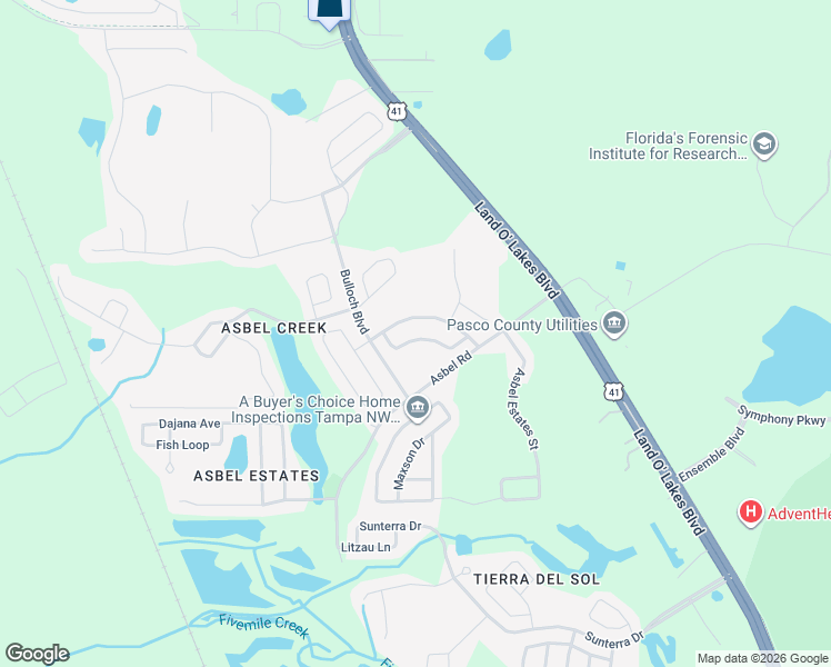 map of restaurants, bars, coffee shops, grocery stores, and more near 18919 Quarry Badger Road in Land O' Lakes