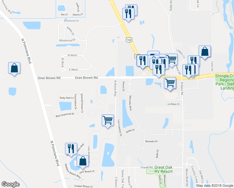 map of restaurants, bars, coffee shops, grocery stores, and more near 1050 Las Fuentes Drive in Kissimmee