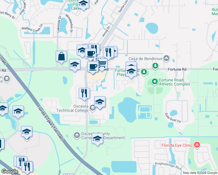 map of restaurants, bars, coffee shops, grocery stores, and more near 2405 Harbor Town Drive in Kissimmee