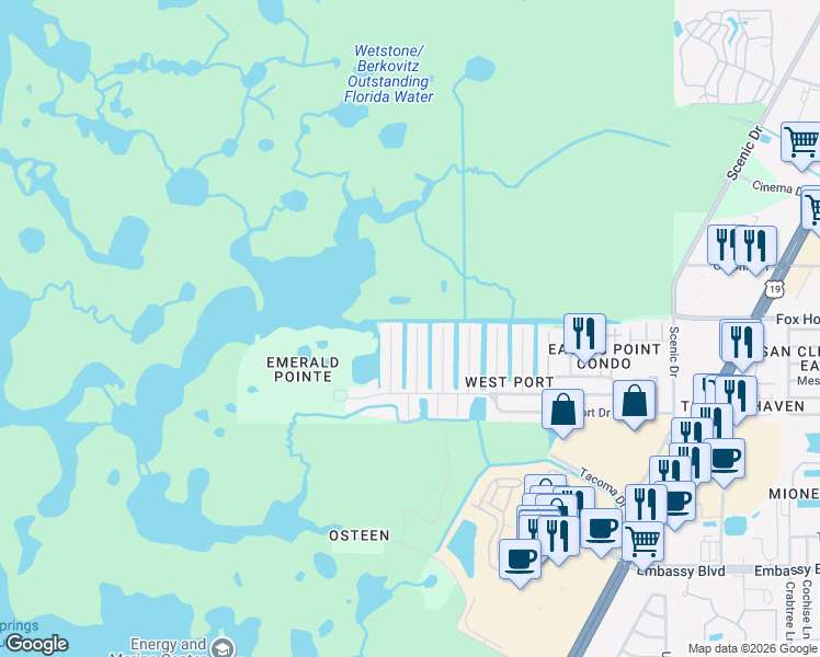 map of restaurants, bars, coffee shops, grocery stores, and more near 9931 San Sebastian Way in Port Richey