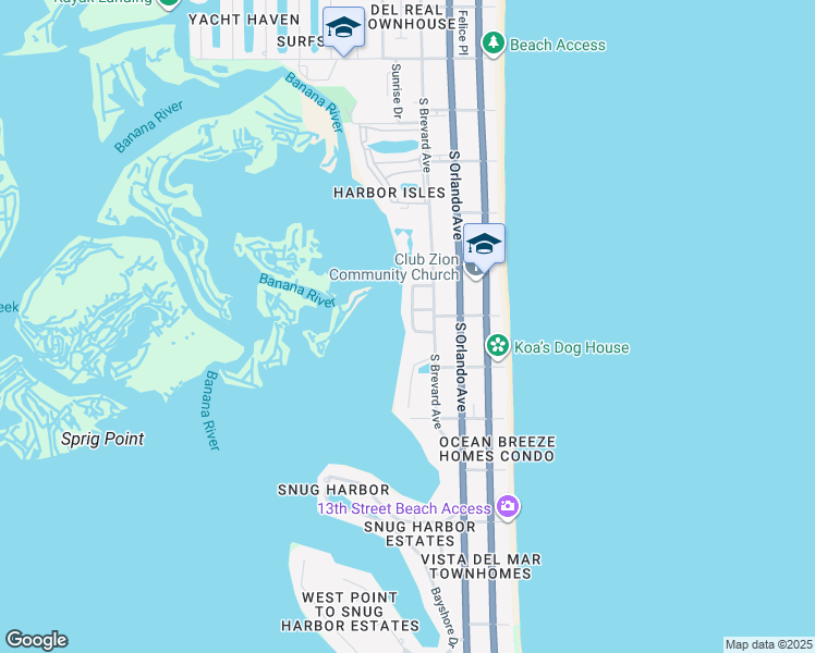 map of restaurants, bars, coffee shops, grocery stores, and more near 37 Harbor Circle in Cocoa Beach