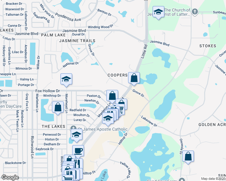 map of restaurants, bars, coffee shops, grocery stores, and more near 9942 Woodridge Court in Port Richey