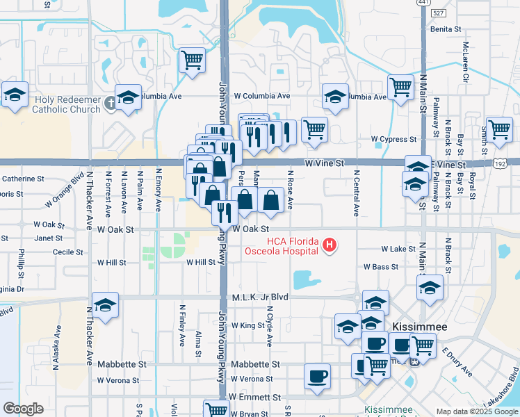 map of restaurants, bars, coffee shops, grocery stores, and more near 915 West Magnolia Street in Kissimmee