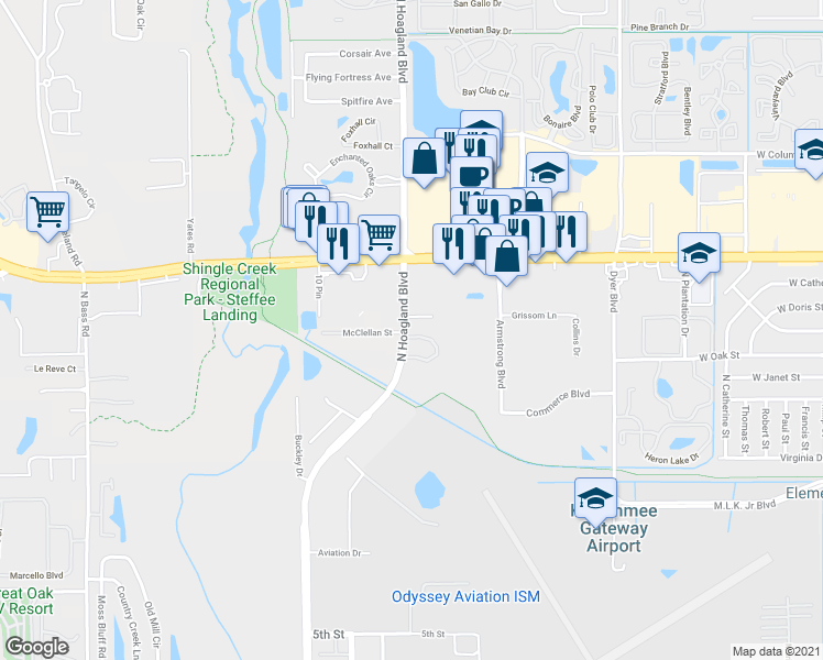 map of restaurants, bars, coffee shops, grocery stores, and more near 1109 North Hoagland Boulevard in Kissimmee