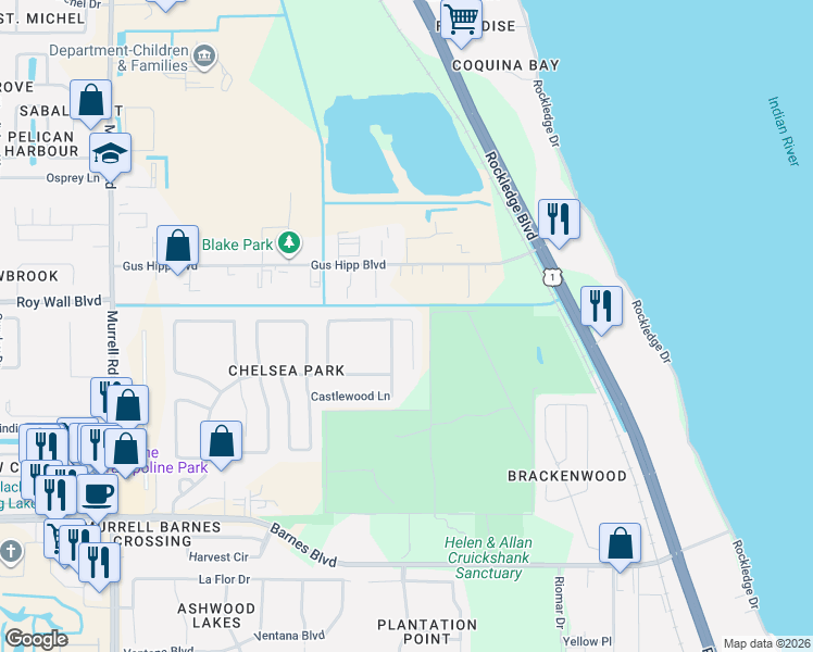 map of restaurants, bars, coffee shops, grocery stores, and more near 305 Tunbridge Dr in Rockledge