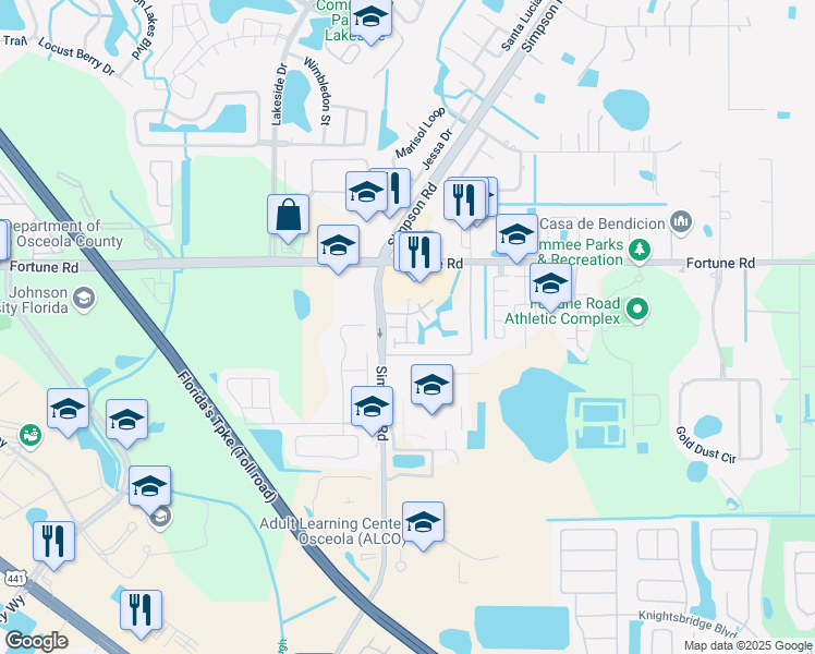 map of restaurants, bars, coffee shops, grocery stores, and more near 1365 Astro Lake Drive West in Kissimmee