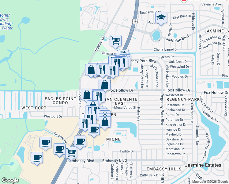 map of restaurants, bars, coffee shops, grocery stores, and more near 6741 Amarillo Street in Port Richey