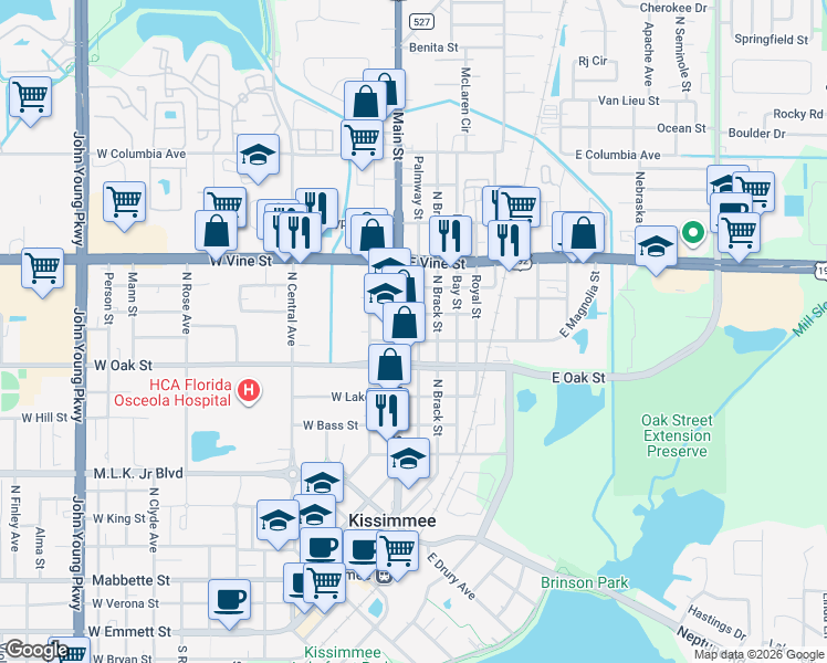 map of restaurants, bars, coffee shops, grocery stores, and more near 1104 Palmway Street in Kissimmee