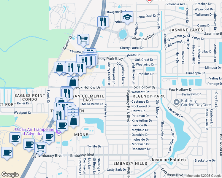 map of restaurants, bars, coffee shops, grocery stores, and more near 7020 Fox Hollow Drive in Port Richey