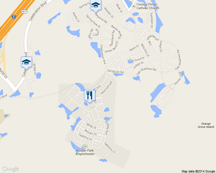 map of restaurants, bars, coffee shops, grocery stores, and more near 1212 Roycroft Ave in Celebration