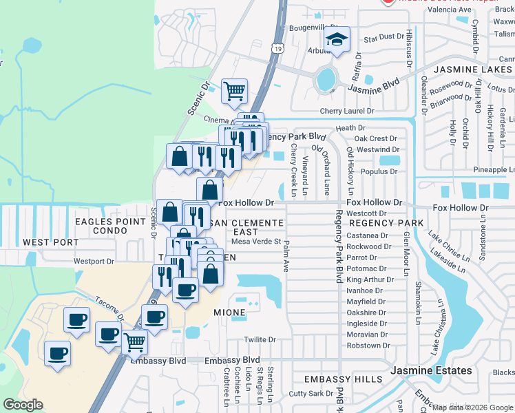 map of restaurants, bars, coffee shops, grocery stores, and more near 6841 Amarillo Street in Port Richey