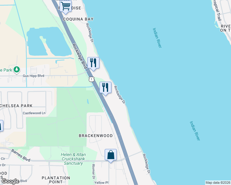 map of restaurants, bars, coffee shops, grocery stores, and more near 1863 Rockledge Drive in Rockledge