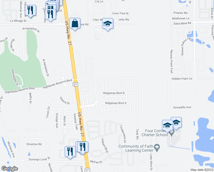 map of restaurants, bars, coffee shops, grocery stores, and more near 446 Mahogany Ridge Drive in Davenport