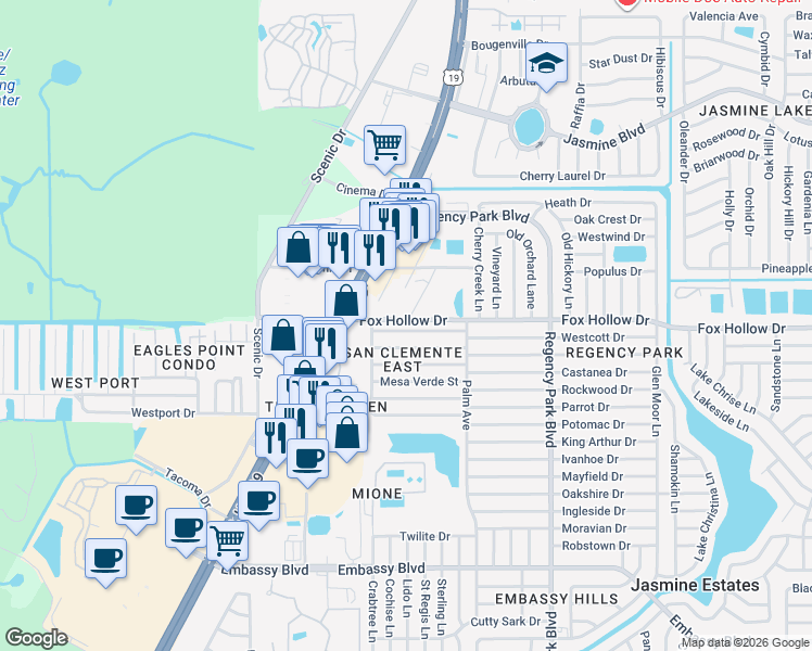 map of restaurants, bars, coffee shops, grocery stores, and more near 6841 Amarillo Street in Port Richey