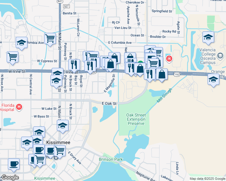 map of restaurants, bars, coffee shops, grocery stores, and more near 829 East Oak Street in Kissimmee