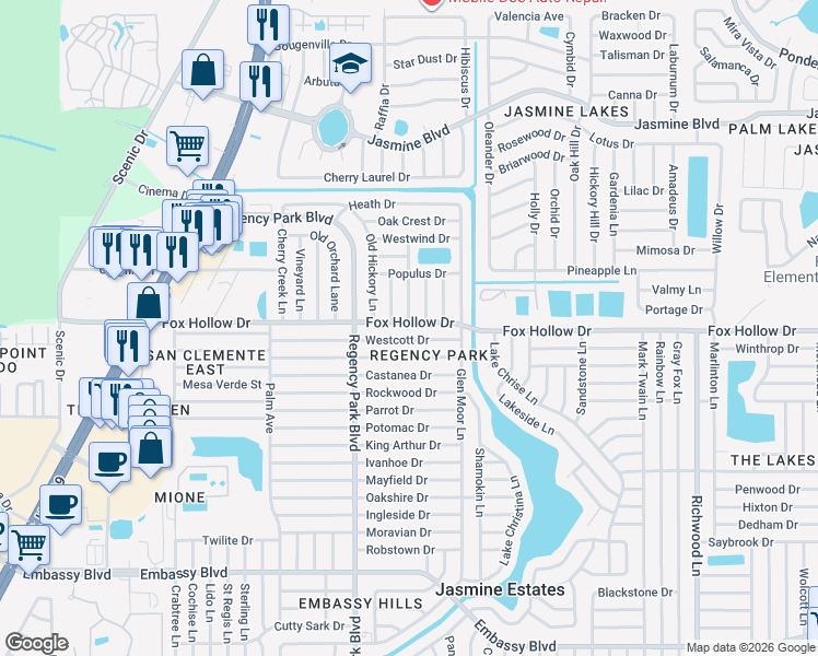map of restaurants, bars, coffee shops, grocery stores, and more near 7314 Fox Hollow Drive in Port Richey
