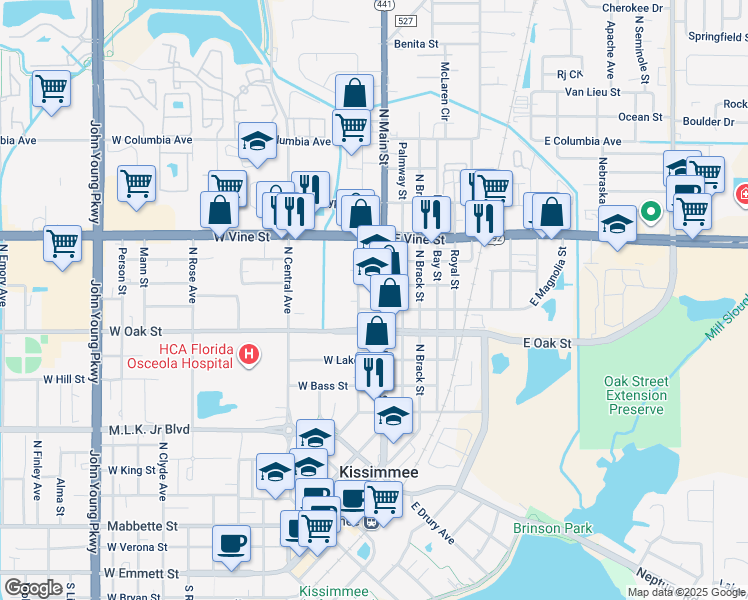 map of restaurants, bars, coffee shops, grocery stores, and more near 1100 North Main Street in Kissimmee