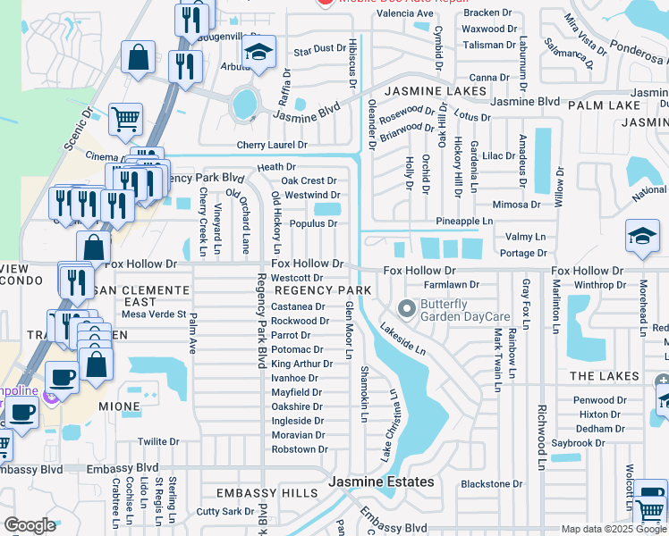 map of restaurants, bars, coffee shops, grocery stores, and more near 7420 Fox Hollow Drive in Port Richey