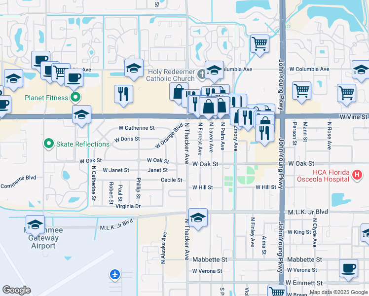 map of restaurants, bars, coffee shops, grocery stores, and more near 1110 North Thacker Avenue in Kissimmee