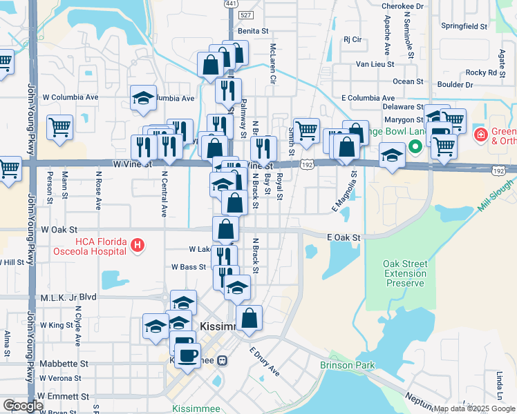 map of restaurants, bars, coffee shops, grocery stores, and more near 1109 North Brack Street in Kissimmee