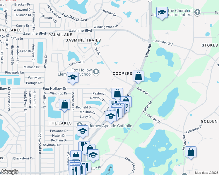 map of restaurants, bars, coffee shops, grocery stores, and more near 8609 Fox Hollow Drive in Port Richey