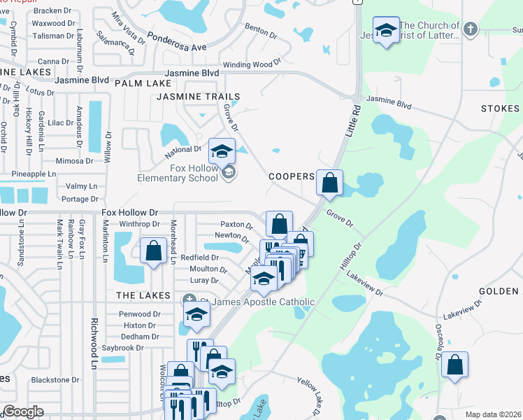 map of restaurants, bars, coffee shops, grocery stores, and more near 9923 Woodridge Court in Port Richey