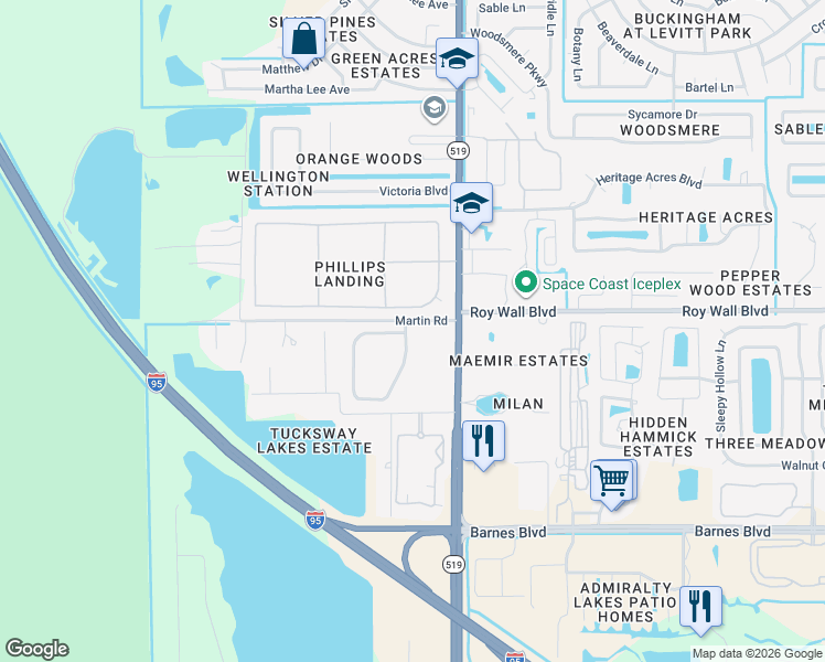 map of restaurants, bars, coffee shops, grocery stores, and more near 3416 Whimsical Circle in Rockledge