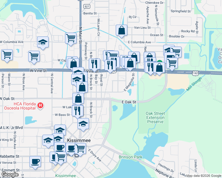map of restaurants, bars, coffee shops, grocery stores, and more near 1107 Lindsay Way in Kissimmee