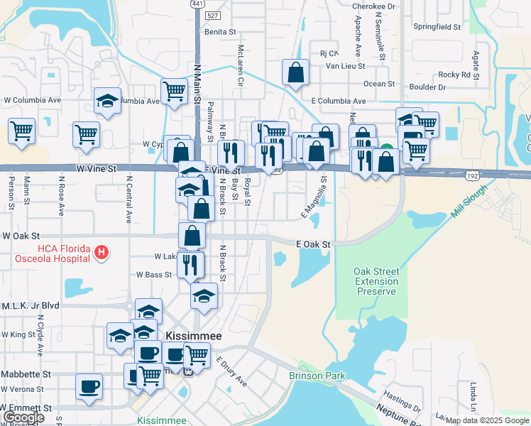map of restaurants, bars, coffee shops, grocery stores, and more near 1107 Lindsay Way in Kissimmee