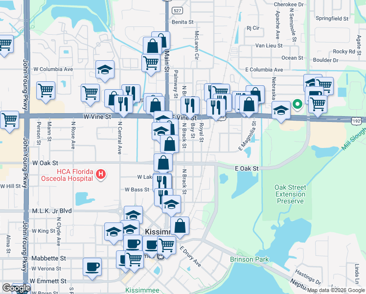 map of restaurants, bars, coffee shops, grocery stores, and more near 1109 North Brack Street in Kissimmee
