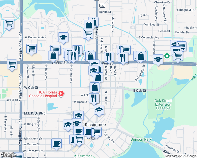 map of restaurants, bars, coffee shops, grocery stores, and more near 1104 Palmway Street in Kissimmee