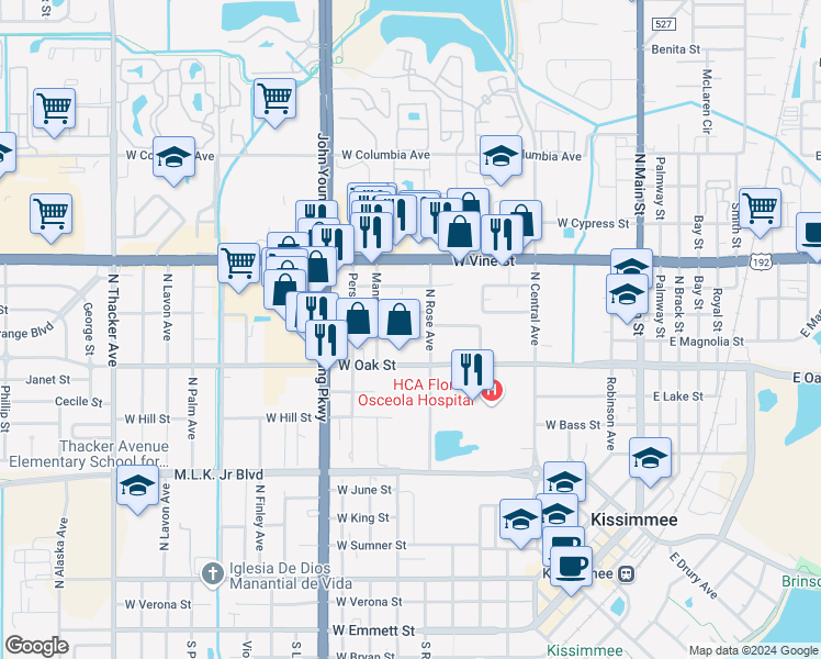 map of restaurants, bars, coffee shops, grocery stores, and more near 807 West Magnolia Street in Kissimmee