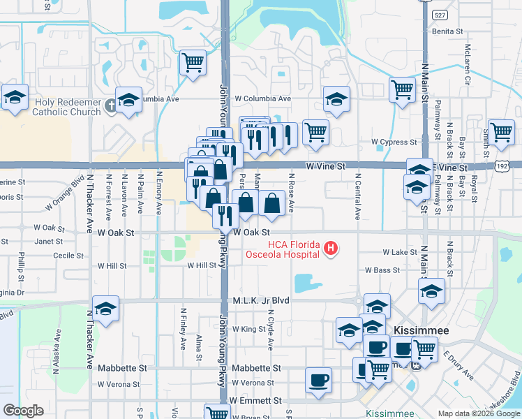 map of restaurants, bars, coffee shops, grocery stores, and more near 915 West Magnolia Street in Kissimmee