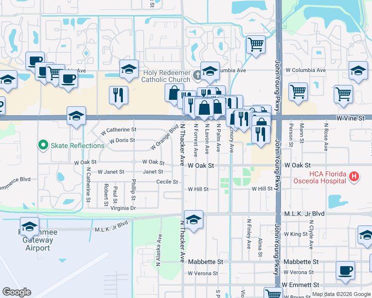 map of restaurants, bars, coffee shops, grocery stores, and more near 1110 North Thacker Avenue in Kissimmee